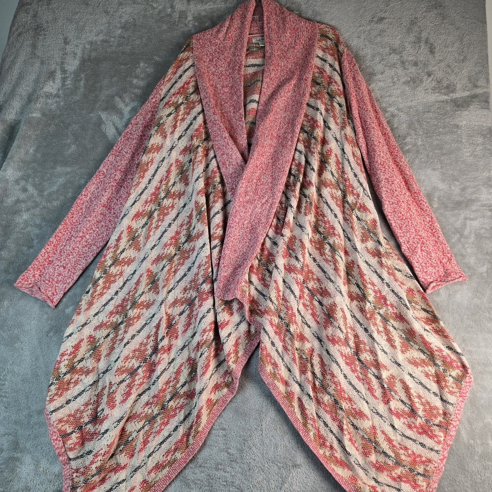 Lucky Brand Cardigan Womens Small Cream Pink Knit Waterfall Hem‎ Aztec Tribal